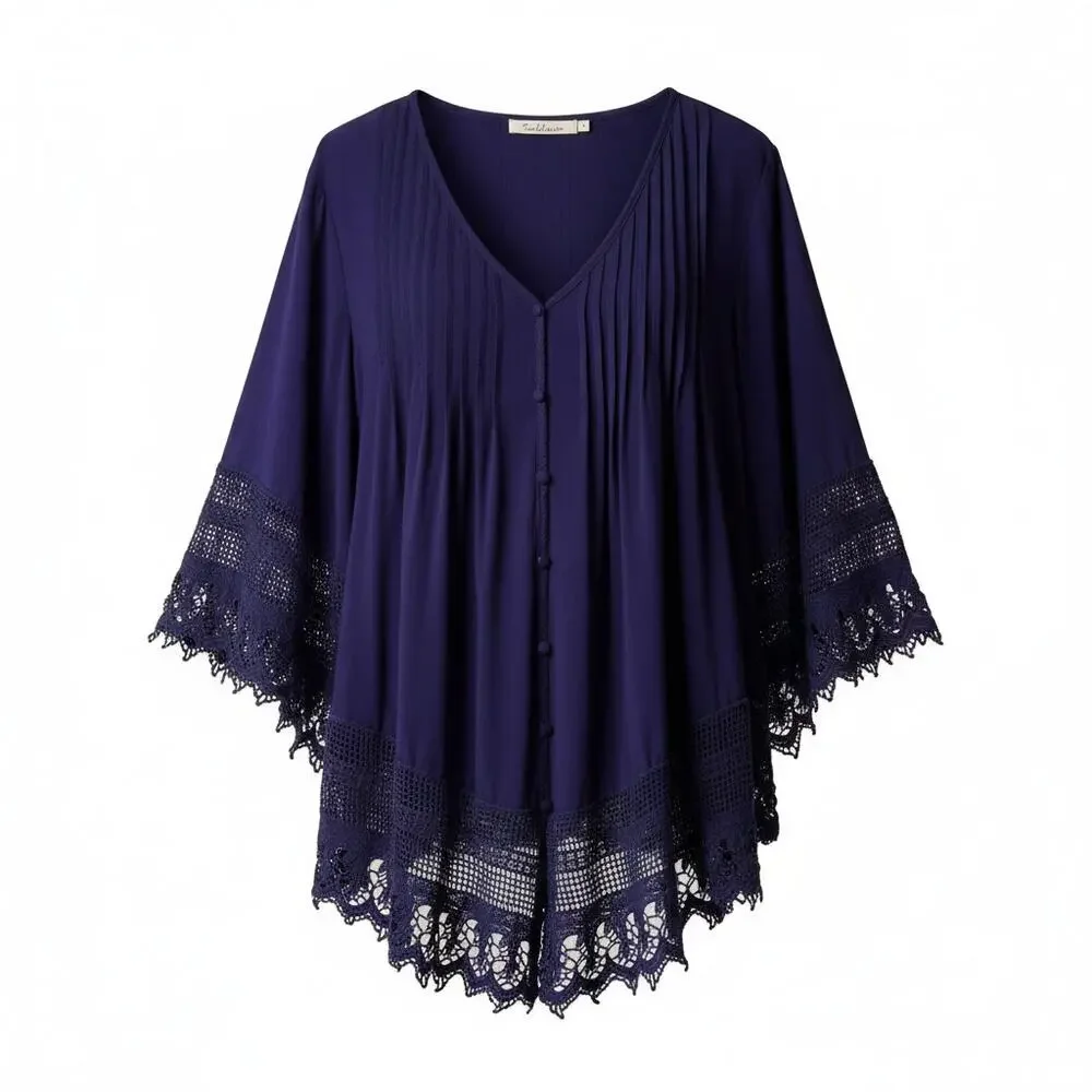 Solitaire Blouse Womens Size 2X Navy Blue Pintuck Button Down Embroidery Boho - Picture 3 of 15